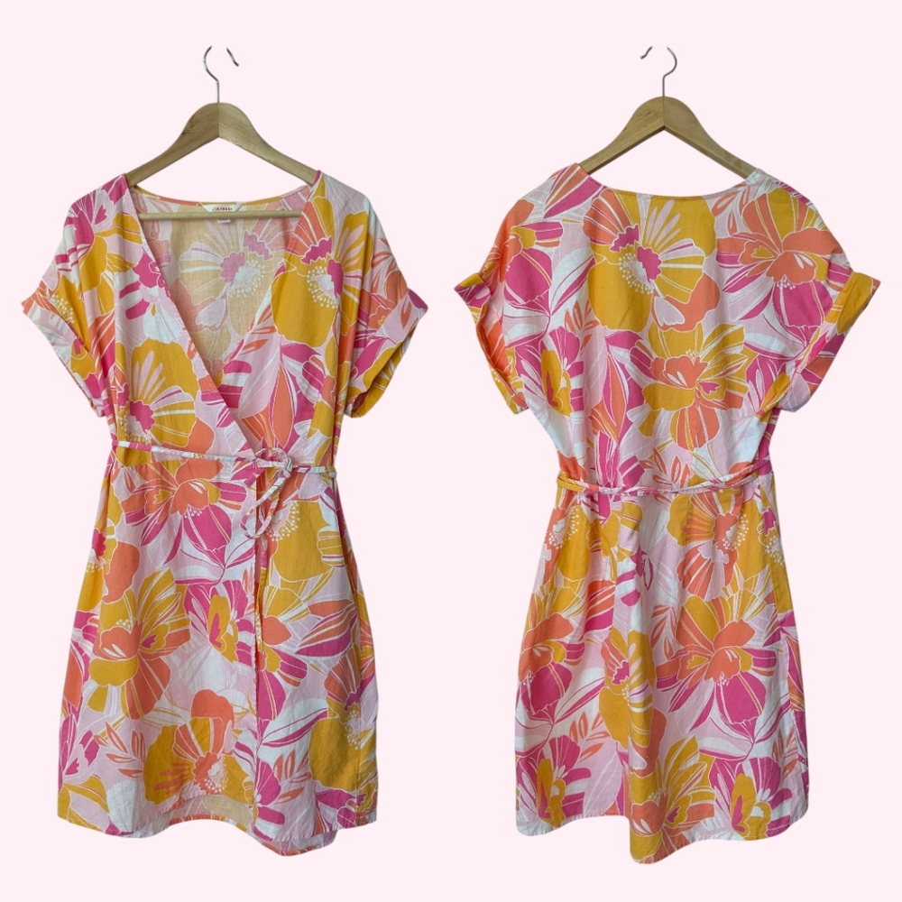 🩷💛 Joe Fresh Linen Cotton Floral True Wrap Mini Dress, L